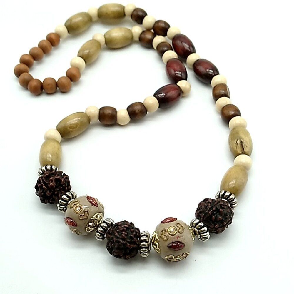 Lightweight Wood, Shamballa, Acrylic Beaded Stretch Necklace *Small Flaw*